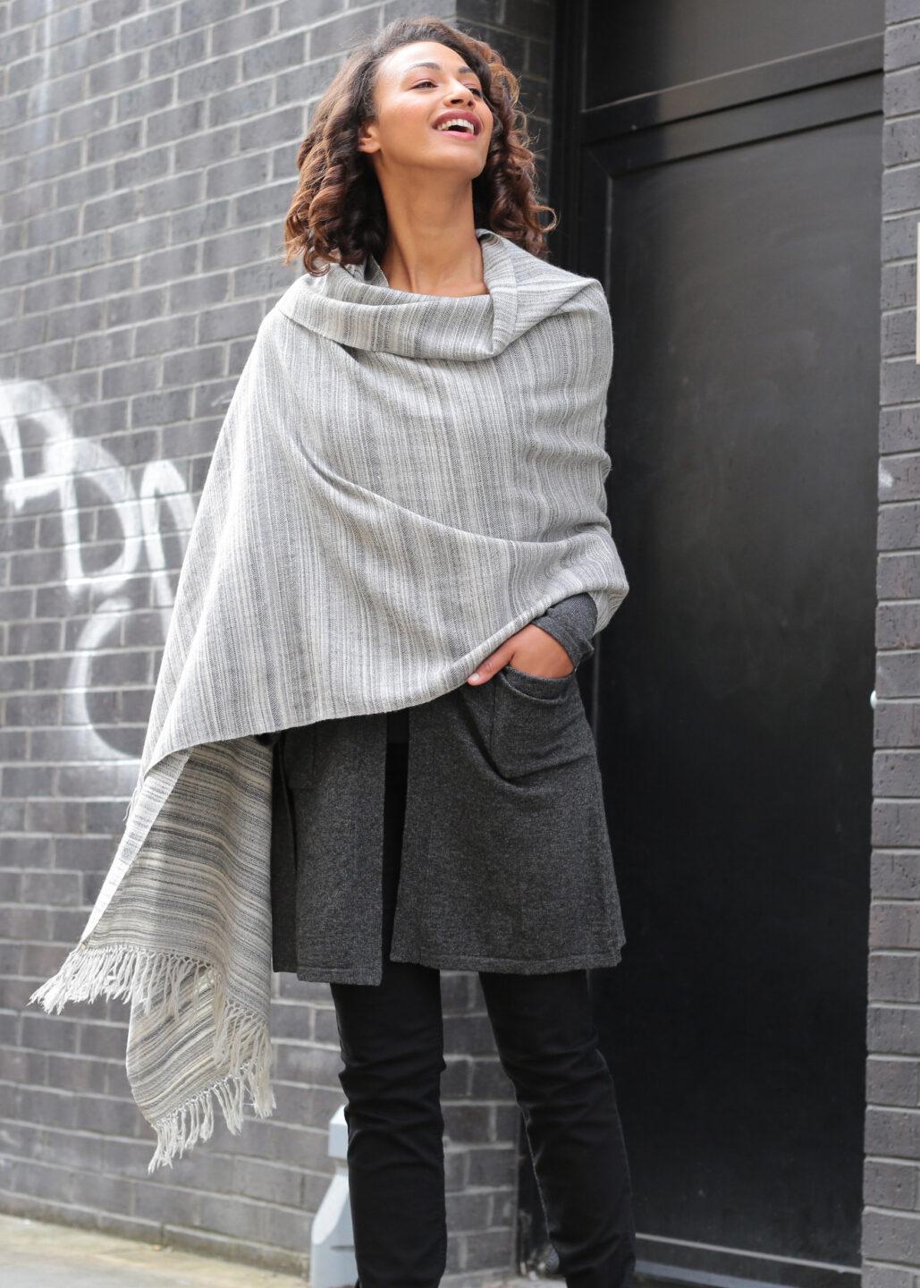 Merino Wool Handspun Stripey Oversize Scarf Grey 75 X 200cm