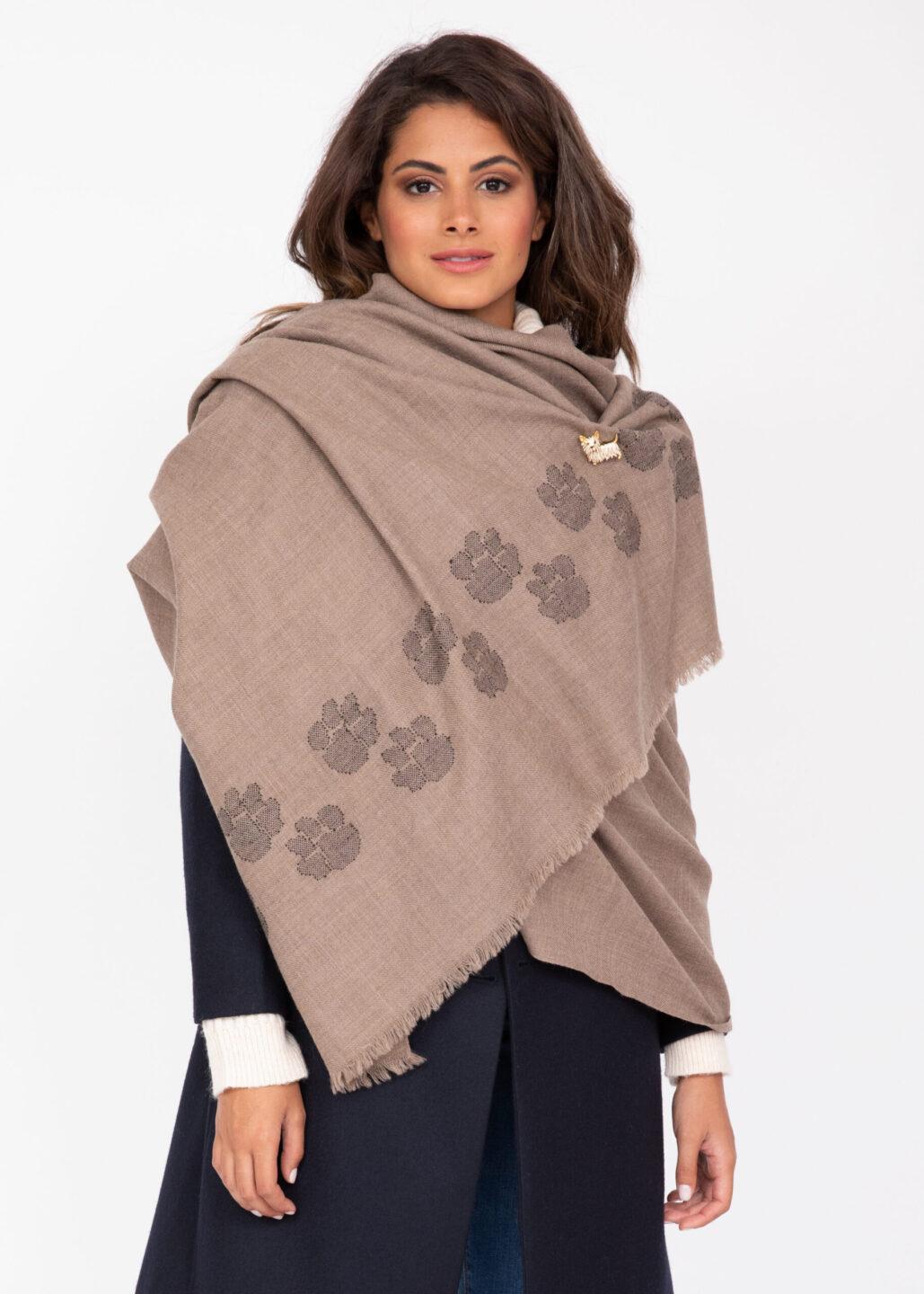 Merino Wool Handwoven Oversize Pashmina & Blanket Scarf with Paws Motif