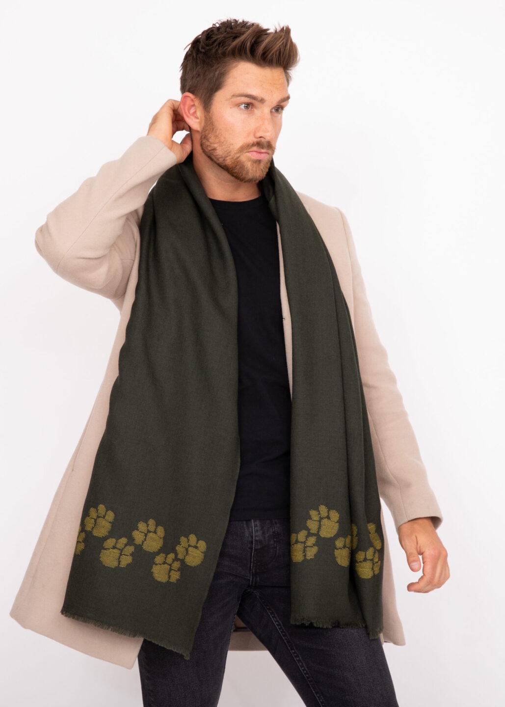 Merino Wool Handwoven Oversize Scarf with Paws Motif 75 X 200cm Camo Green