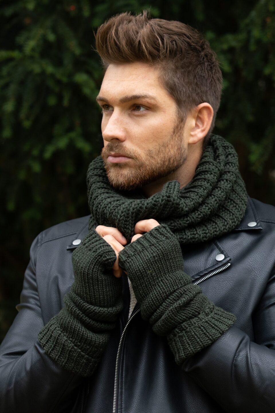 Merino Wool Knitted Long Fingerless Gloves Camo Green