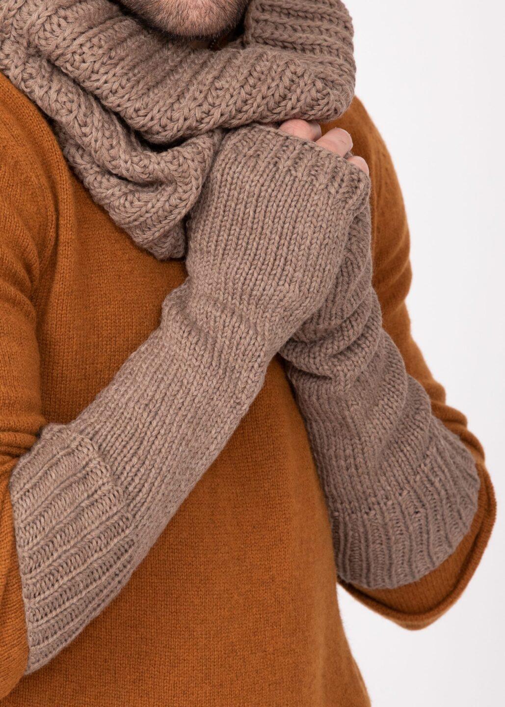 Merino Wool Knitted Long Fingerless Gloves Mocha Brown