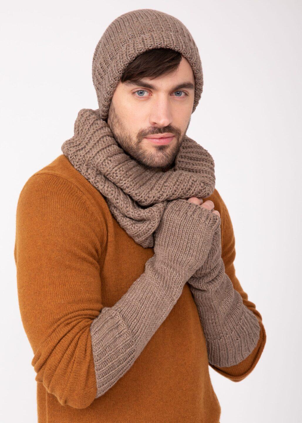 Merino Wool Knitted Long Fingerless Gloves Mocha Brown