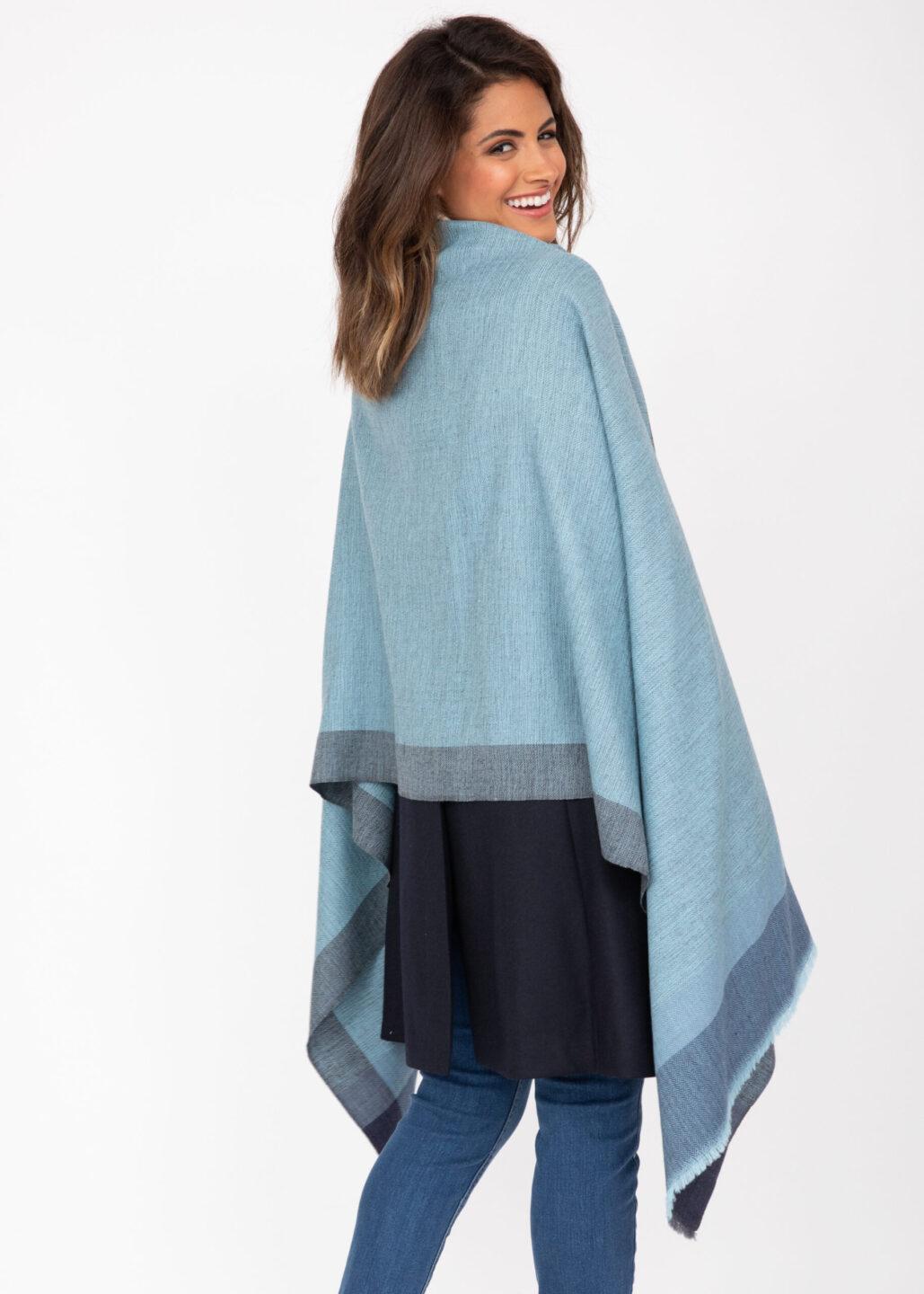 Merino Wool Pashmina Wrap & Blanket Scarf Herringbone Weave Blues