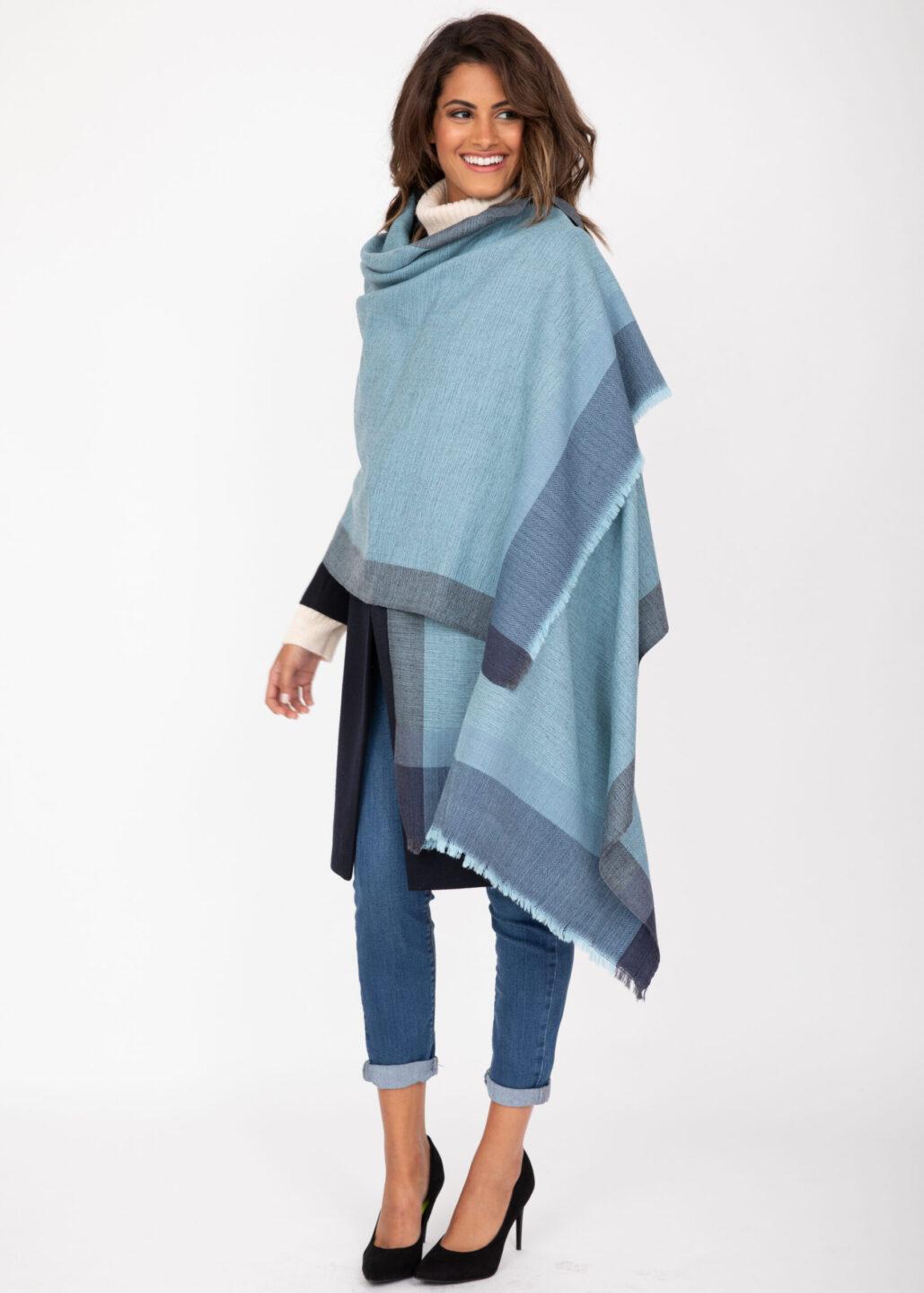 Merino Wool Pashmina Wrap & Blanket Scarf Herringbone Weave Blues