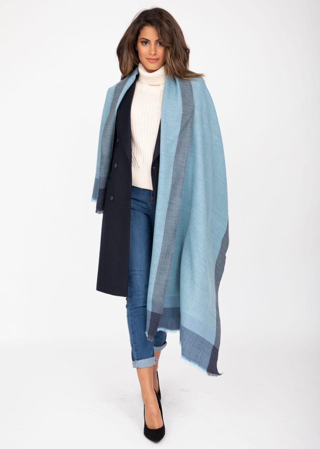 Merino Wool Pashmina Wrap & Blanket Scarf Herringbone Weave Blues