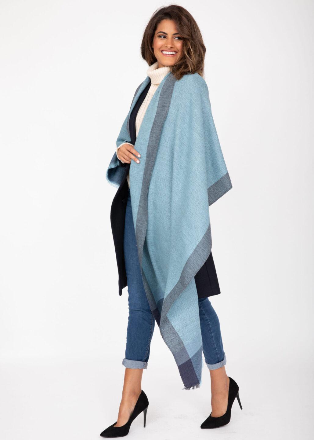 Merino Wool Pashmina Wrap & Blanket Scarf Herringbone Weave Blues