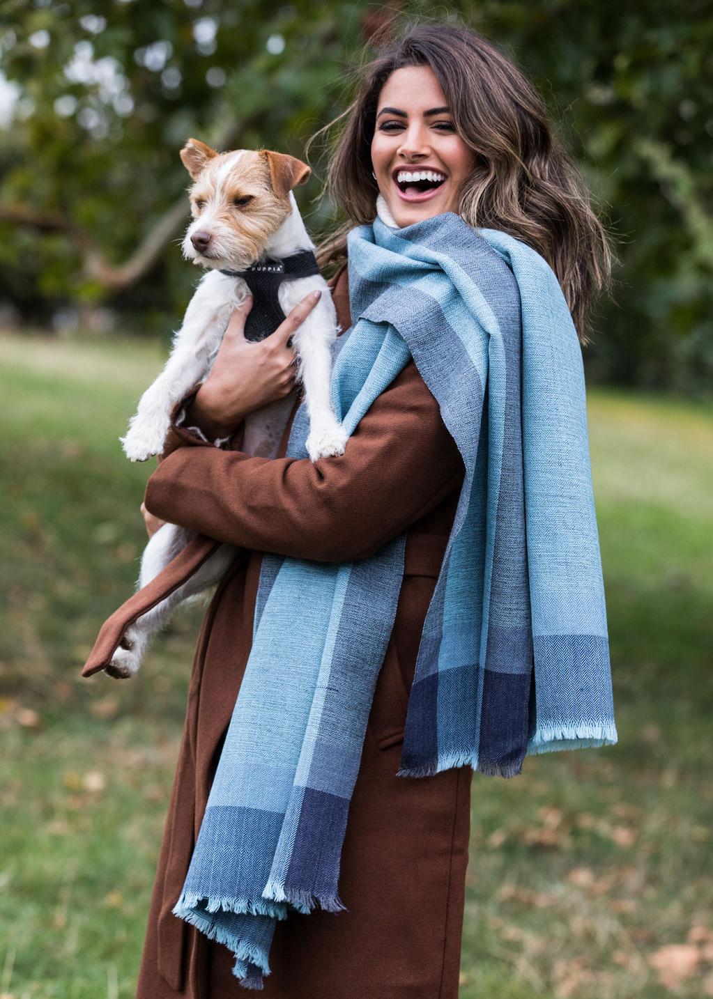 Merino Wool Pashmina Wrap & Blanket Scarf Herringbone Weave Blues