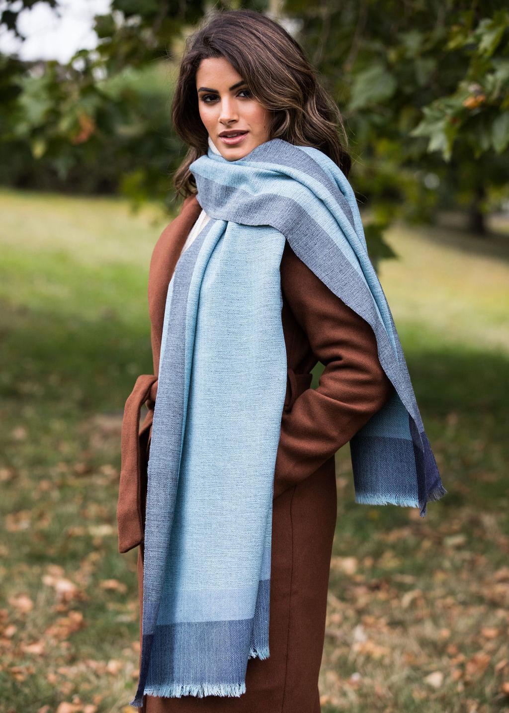 Merino Wool Pashmina Wrap & Blanket Scarf Herringbone Weave Blues