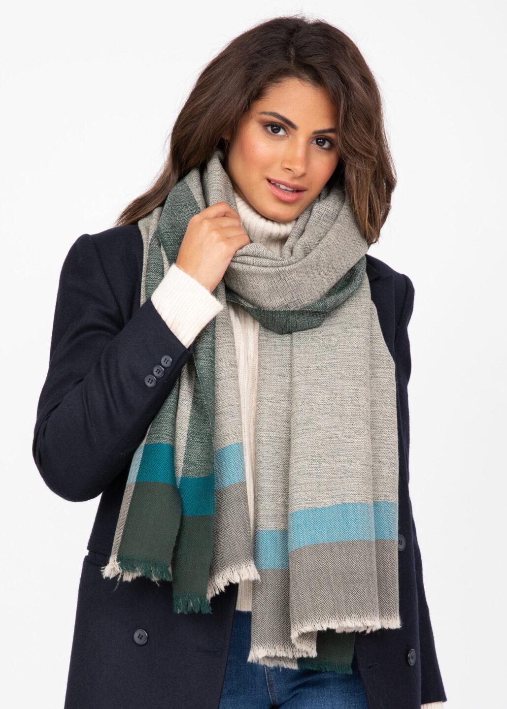 Merino Wool Pashmina Wrap & Blanket Scarf Herringbone Weave Greens