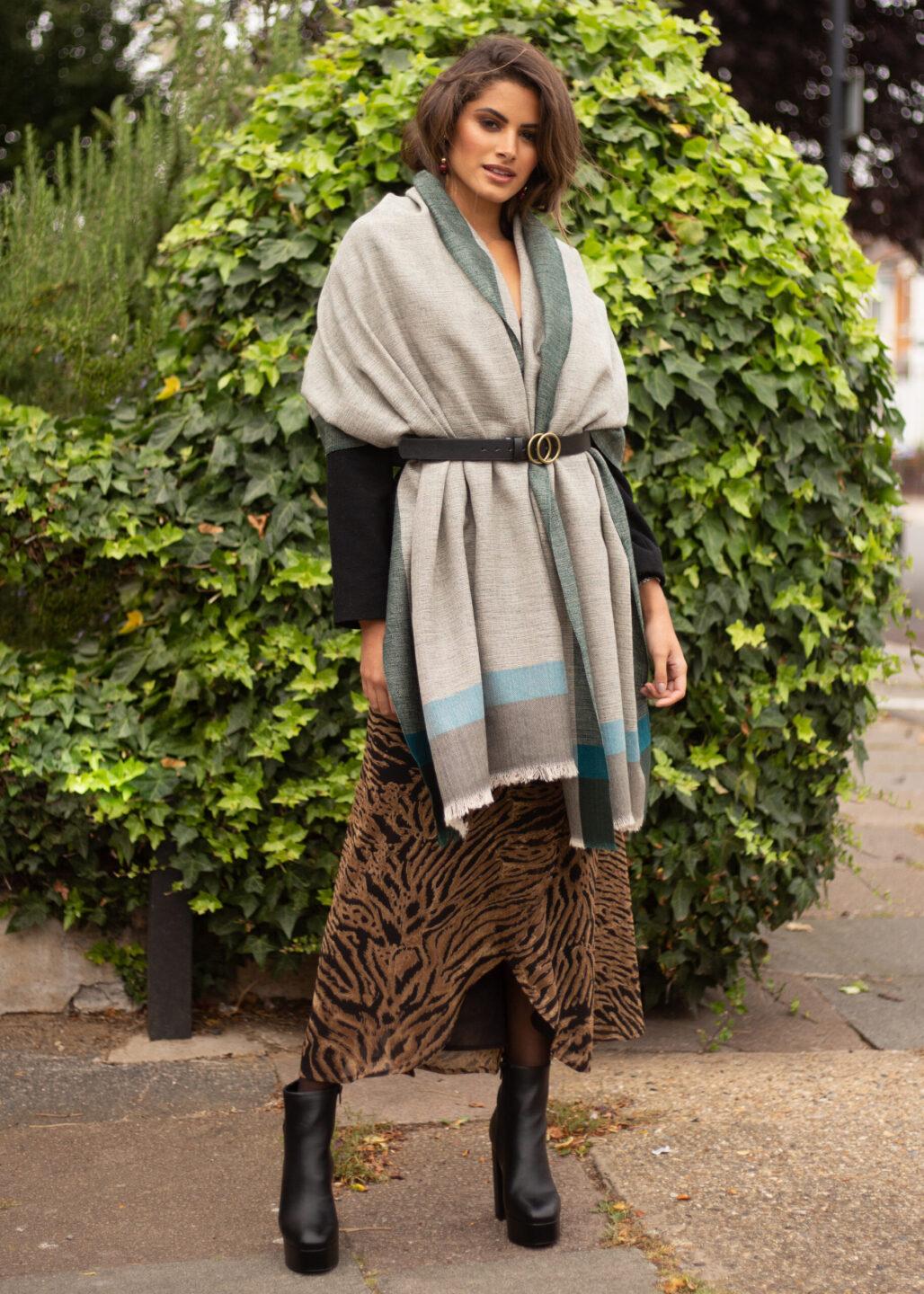 Merino Wool Pashmina Wrap & Blanket Scarf Herringbone Weave Greens