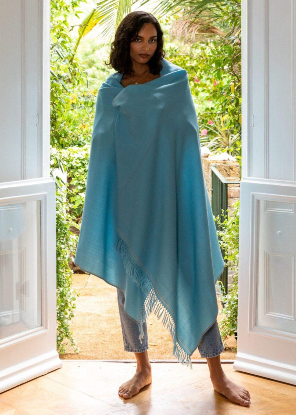 Shoreditch Merino Wool Shawl & Oversize Scarf Crystal Blue 100 x 200cm