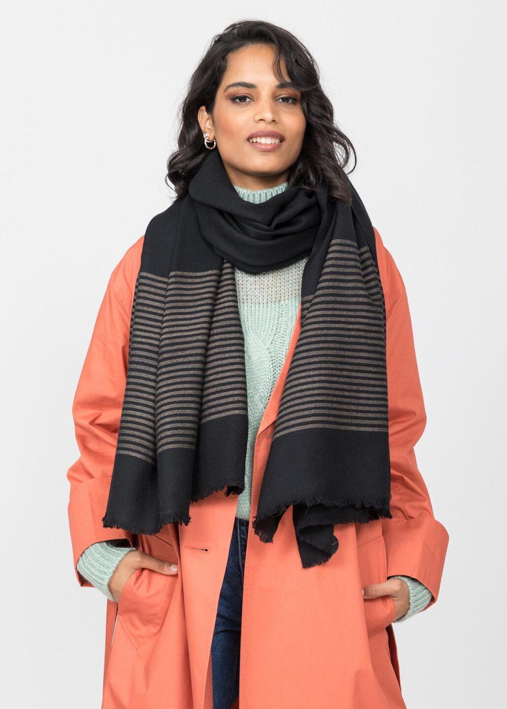 Twill Merino Handwoven Pashmina &amp; Blanket Scarf with Stripes Black