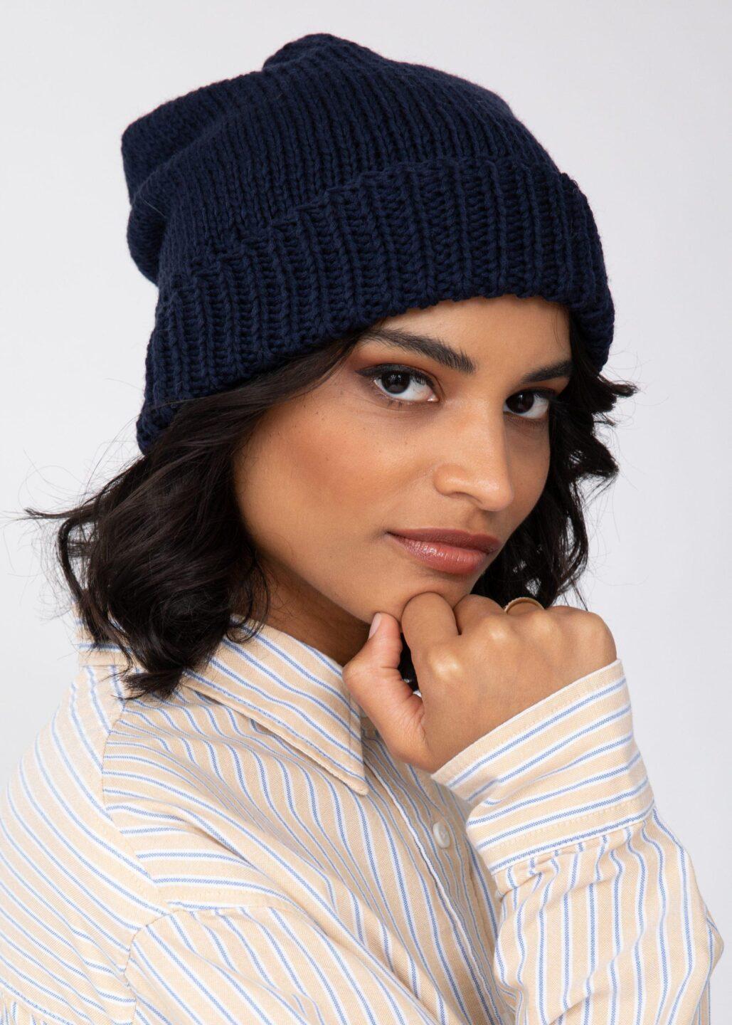 Slouch Beanie Hat Merino Wool Navy Blue