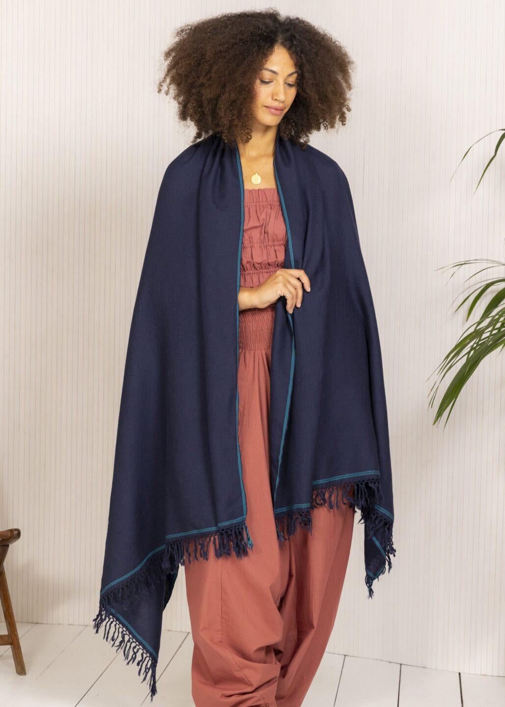 Merino Wool Shawl - Oversized Blue Scarf for Layering & Travel