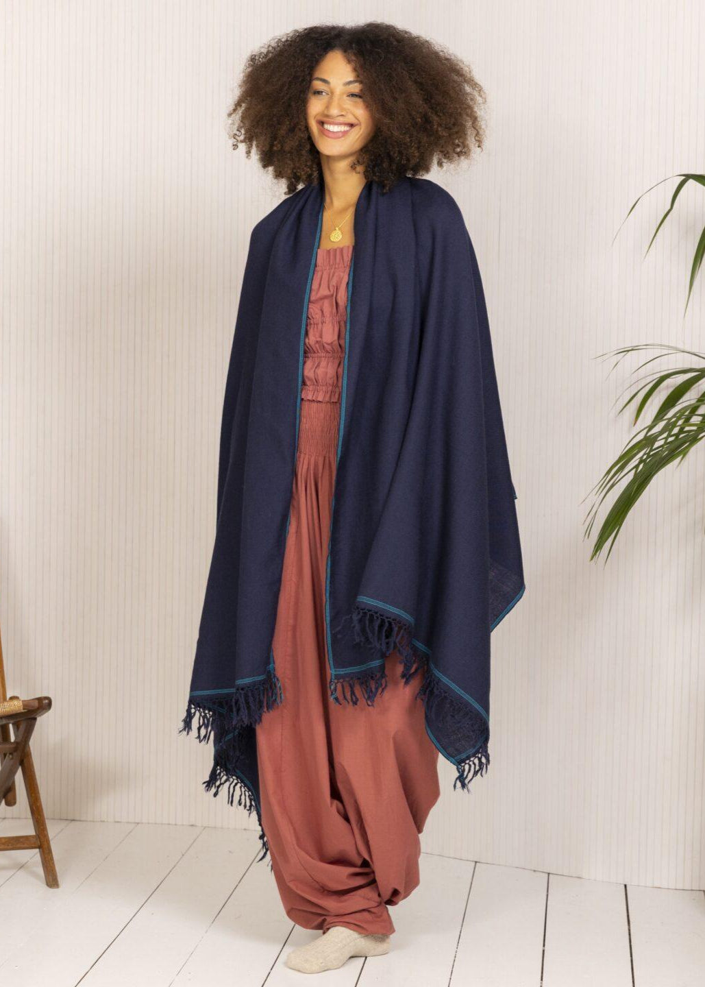 Merino Wool Shawl - Oversized Blue Scarf for Layering & Travel