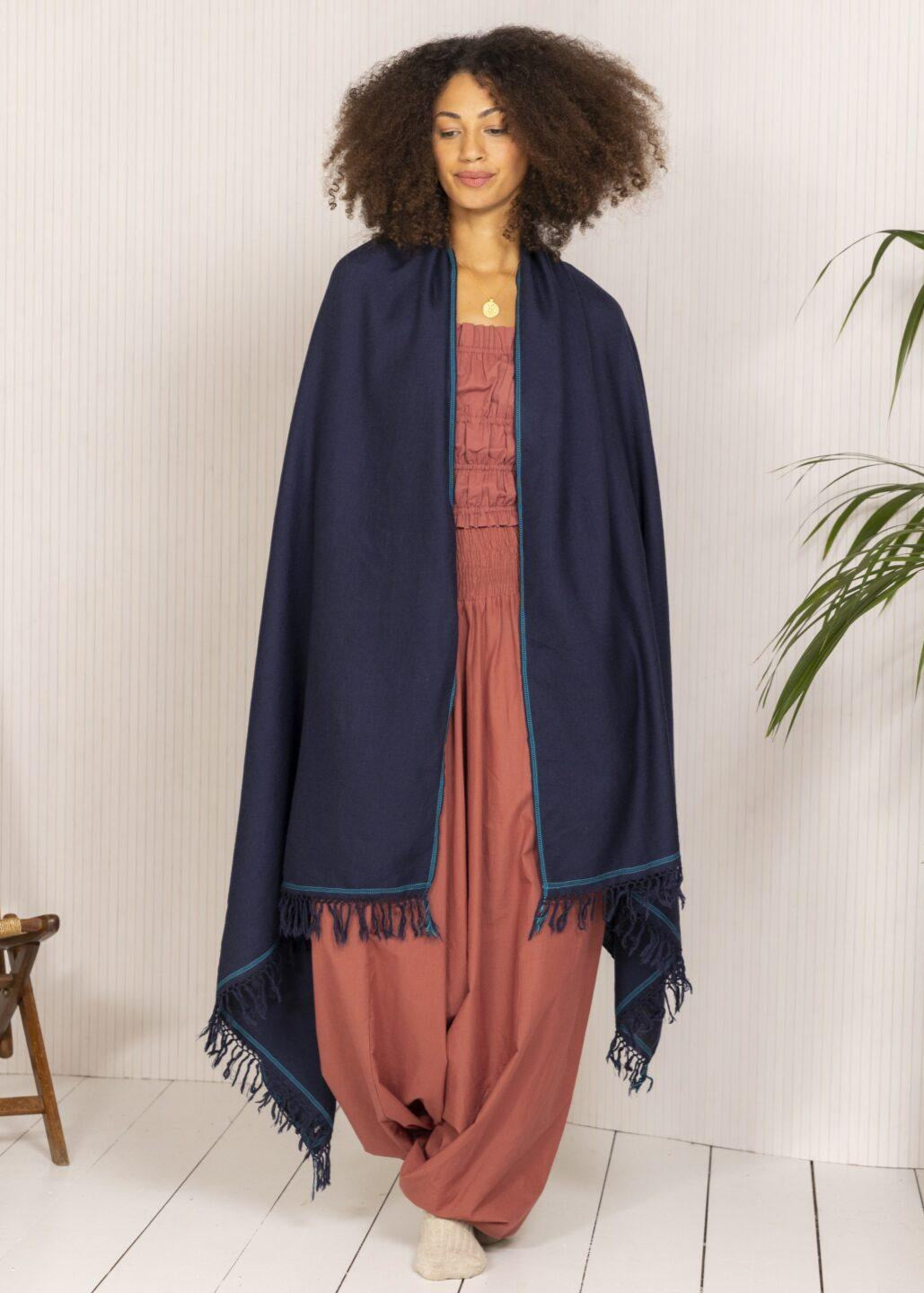 Merino Wool Shawl - Oversized Blue Scarf for Layering & Travel