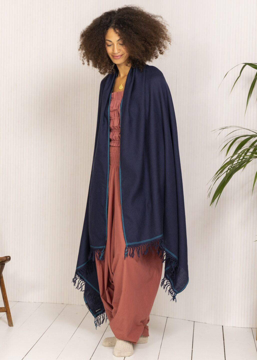 Merino Wool Shawl - Oversized Blue Scarf for Layering & Travel