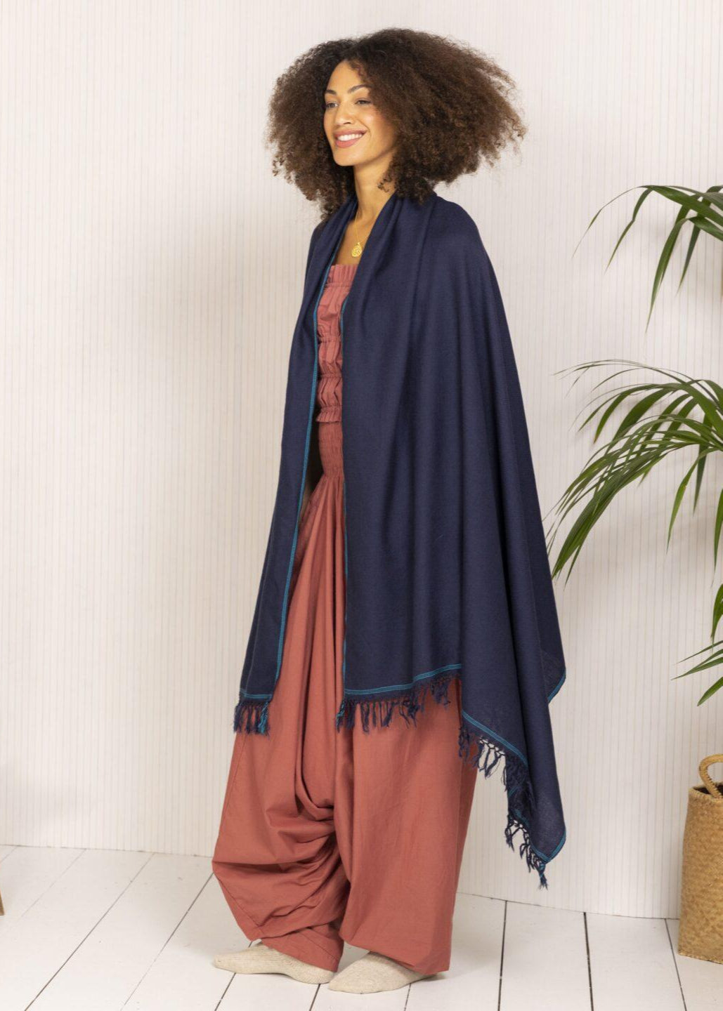 Merino Wool Shawl - Oversized Blue Scarf for Layering & Travel