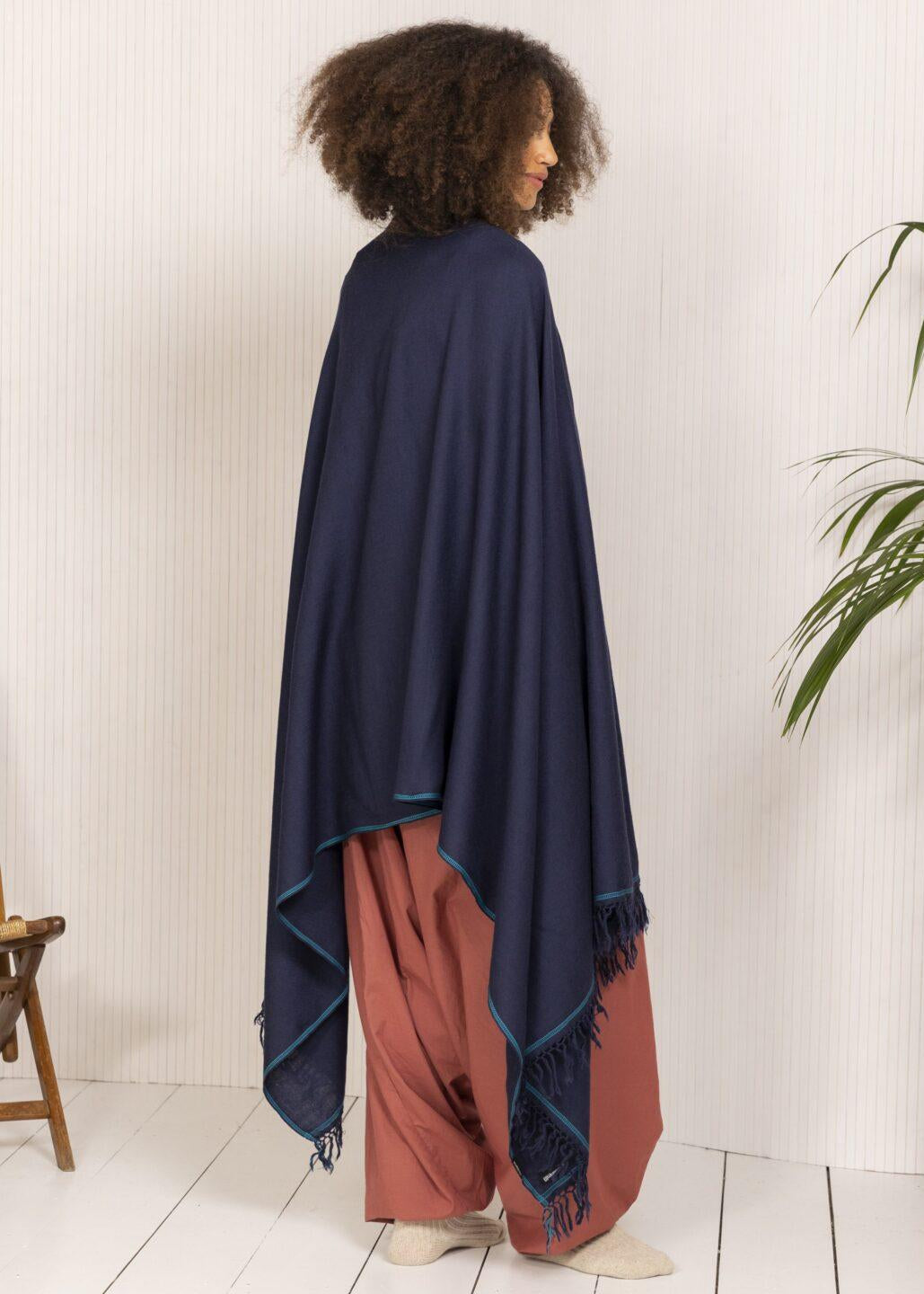 Merino Wool Shawl - Oversized Blue Scarf for Layering & Travel