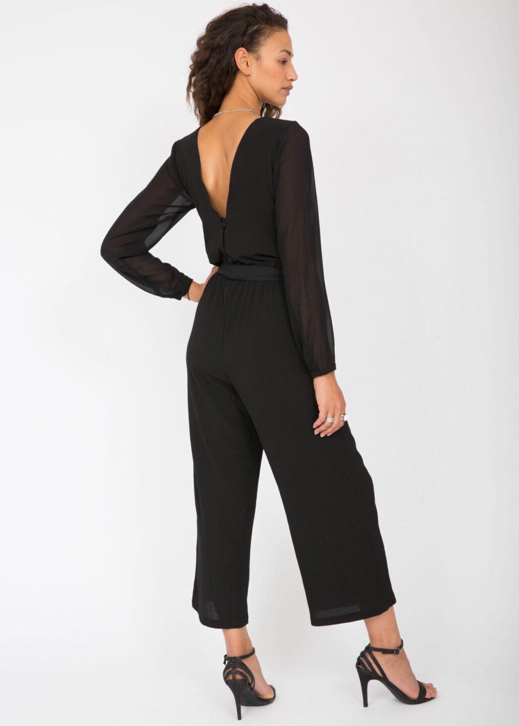 Open Back Sheer Sleeves Culotte Jumpsuit Black