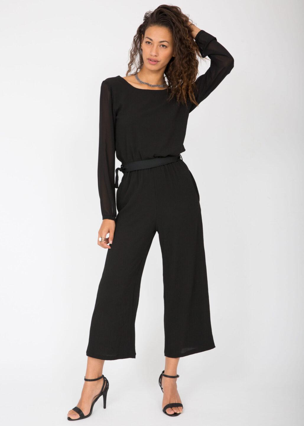 Open Back Sheer Sleeves Culotte Jumpsuit Black