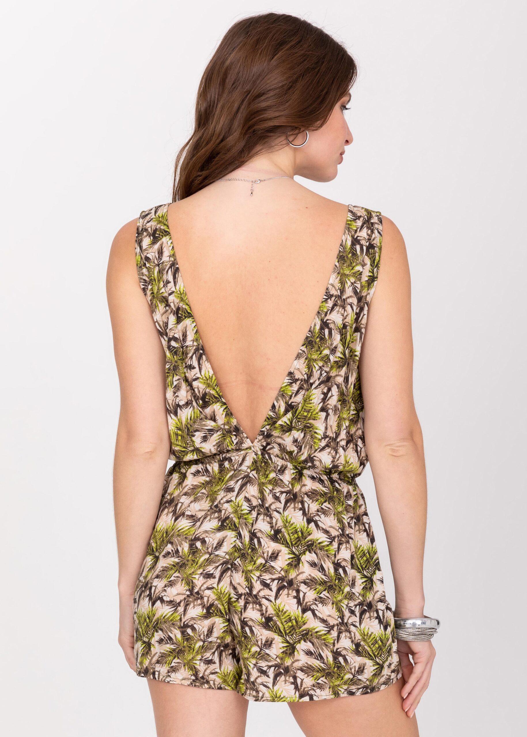 Open Back Summer Playsuit in Green Palm Trees Print