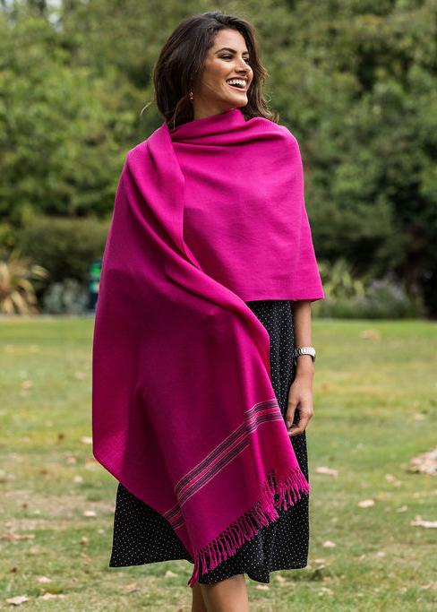 Ethically Handwoven Merino Wool Blanket Scarf in Fuchsia Pink Mansi