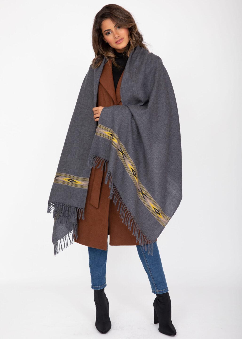 Oversize Blanket Scarf in Merino Wool Takhi Charcoal Grey 75 X 200cm