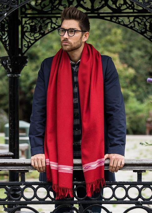 Oversize Men's Blanket Scarf Merino Wool Takhi Red 75 X 200cm