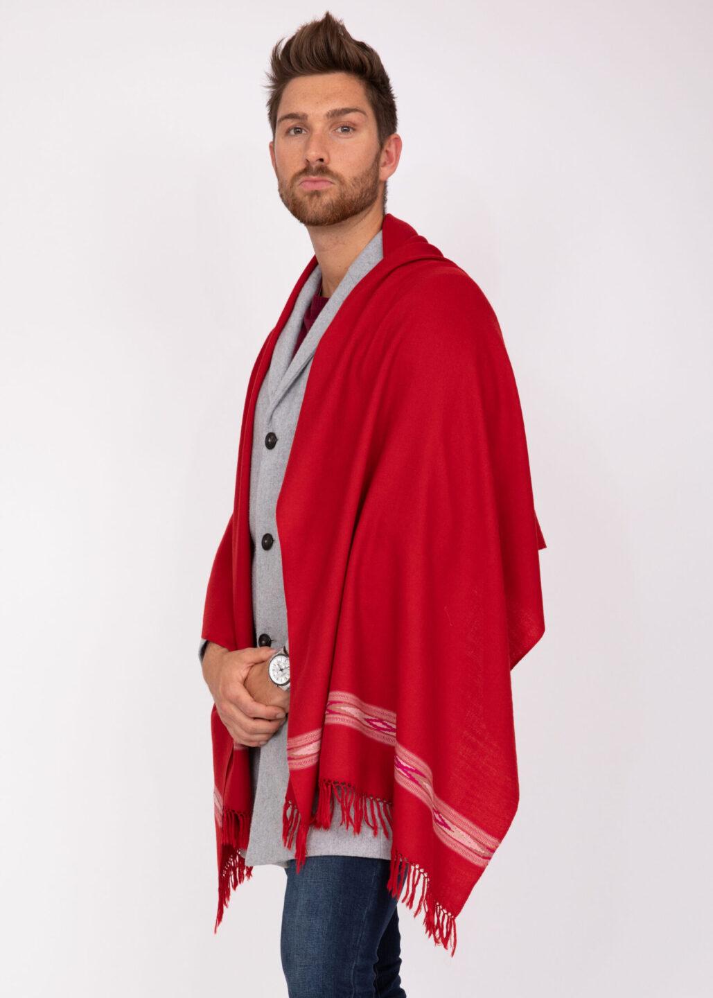 Oversize Men's Blanket Scarf Merino Wool Takhi Red 75 X 200cm