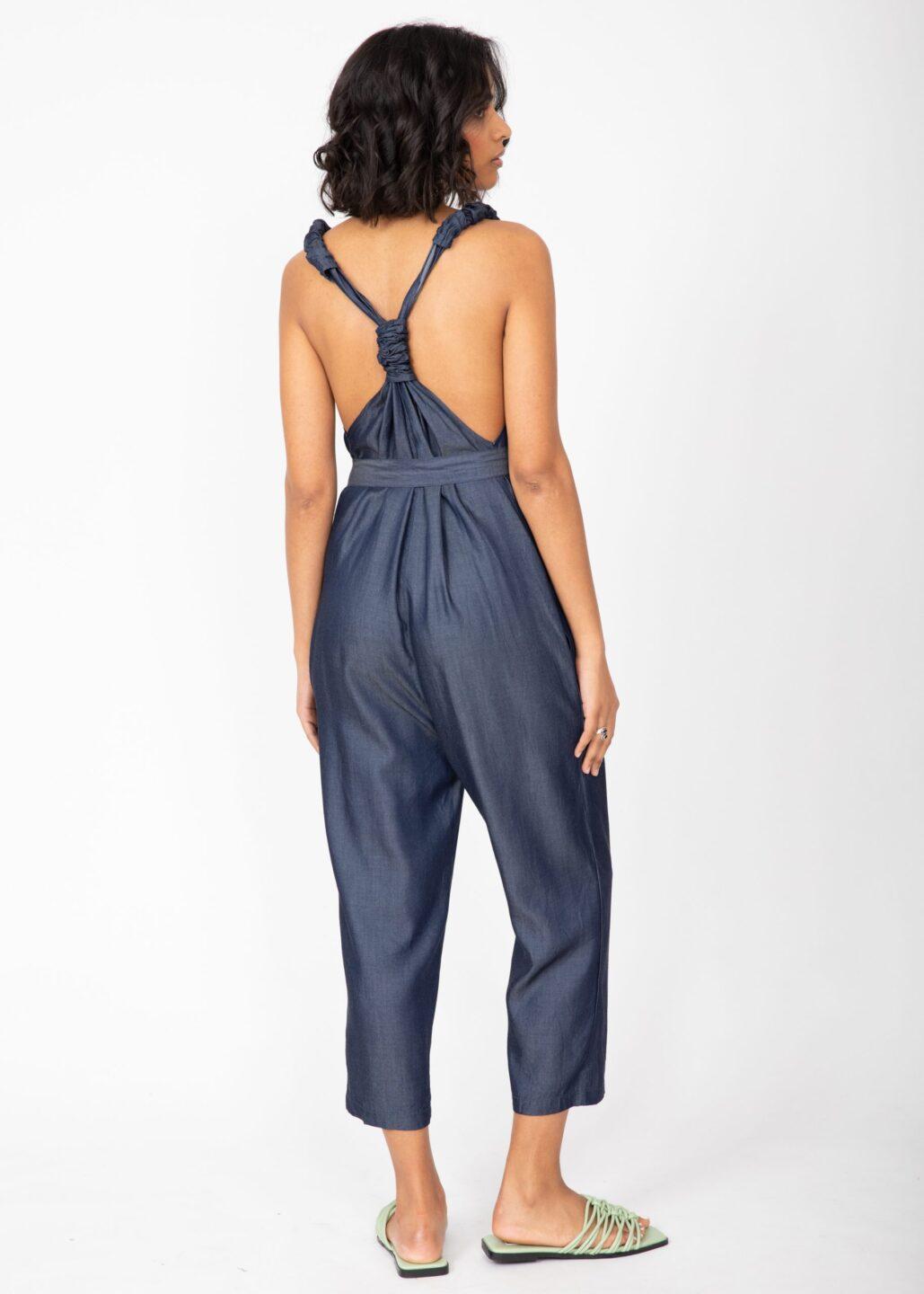 Racer Back Cropped Jumpsuit in Denim Blue