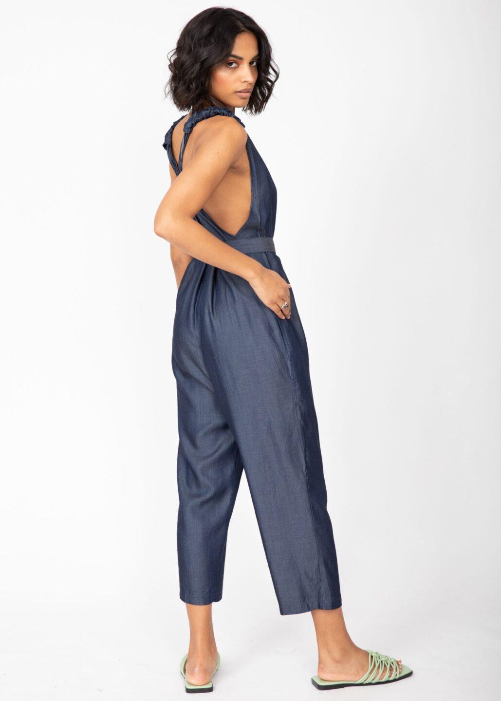 Racer Back Cropped Jumpsuit in Denim Blue