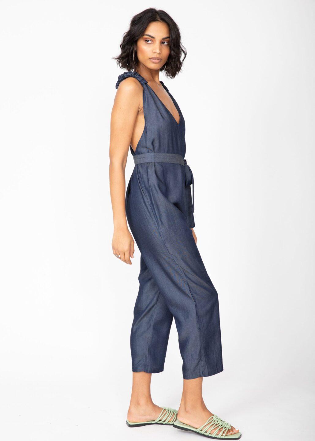 Racer Back Cropped Jumpsuit in Denim Blue