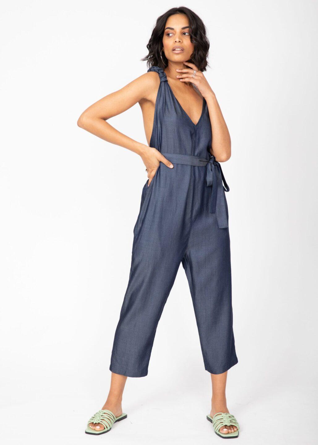 Racer Back Cropped Jumpsuit in Denim Blue