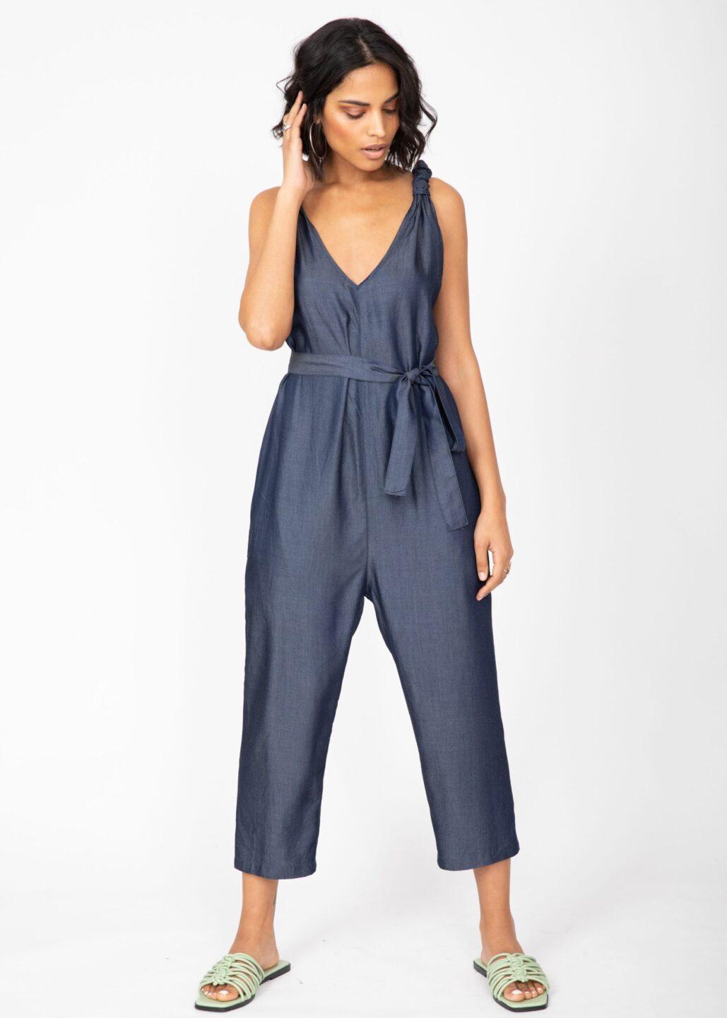 Racer Back Cropped Jumpsuit in Denim Blue