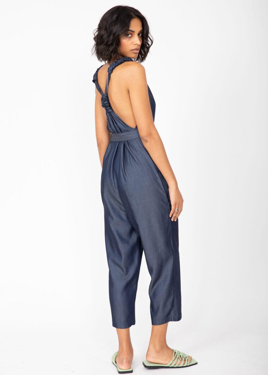 Racer Back Cropped Jumpsuit in Denim Blue