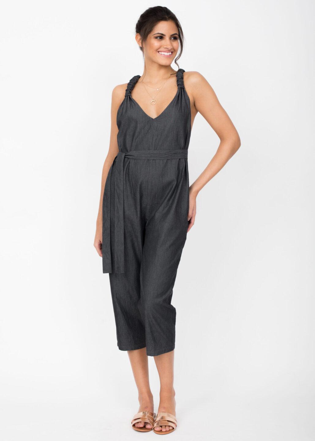 Racer Back Cropped Jumpsuit Summer Denim Grey