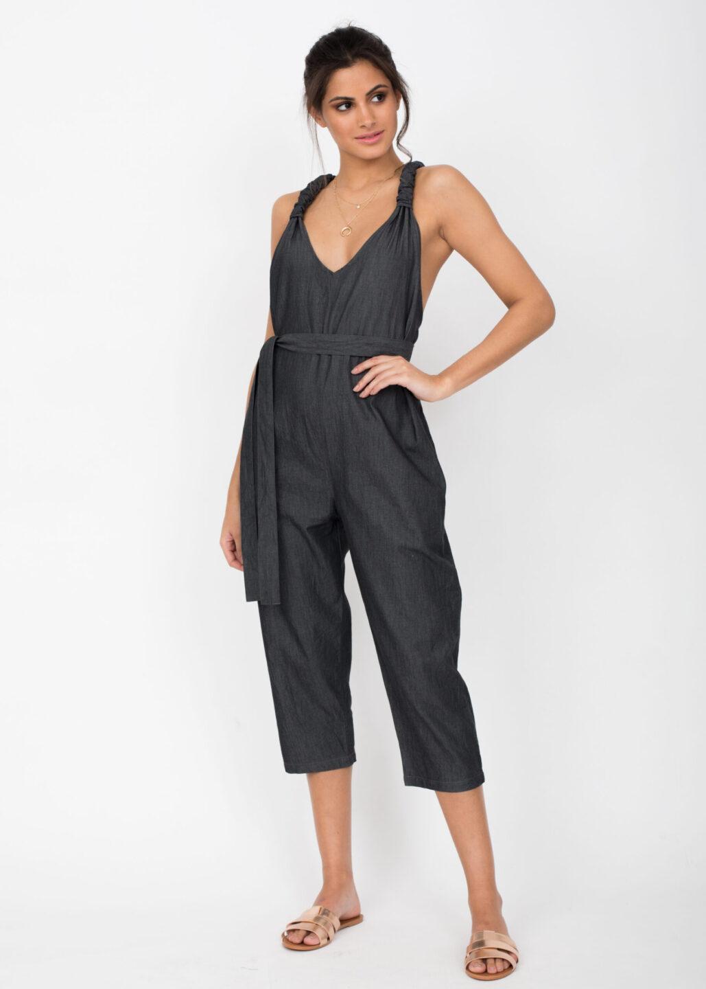 Racer Back Cropped Jumpsuit Summer Denim Grey