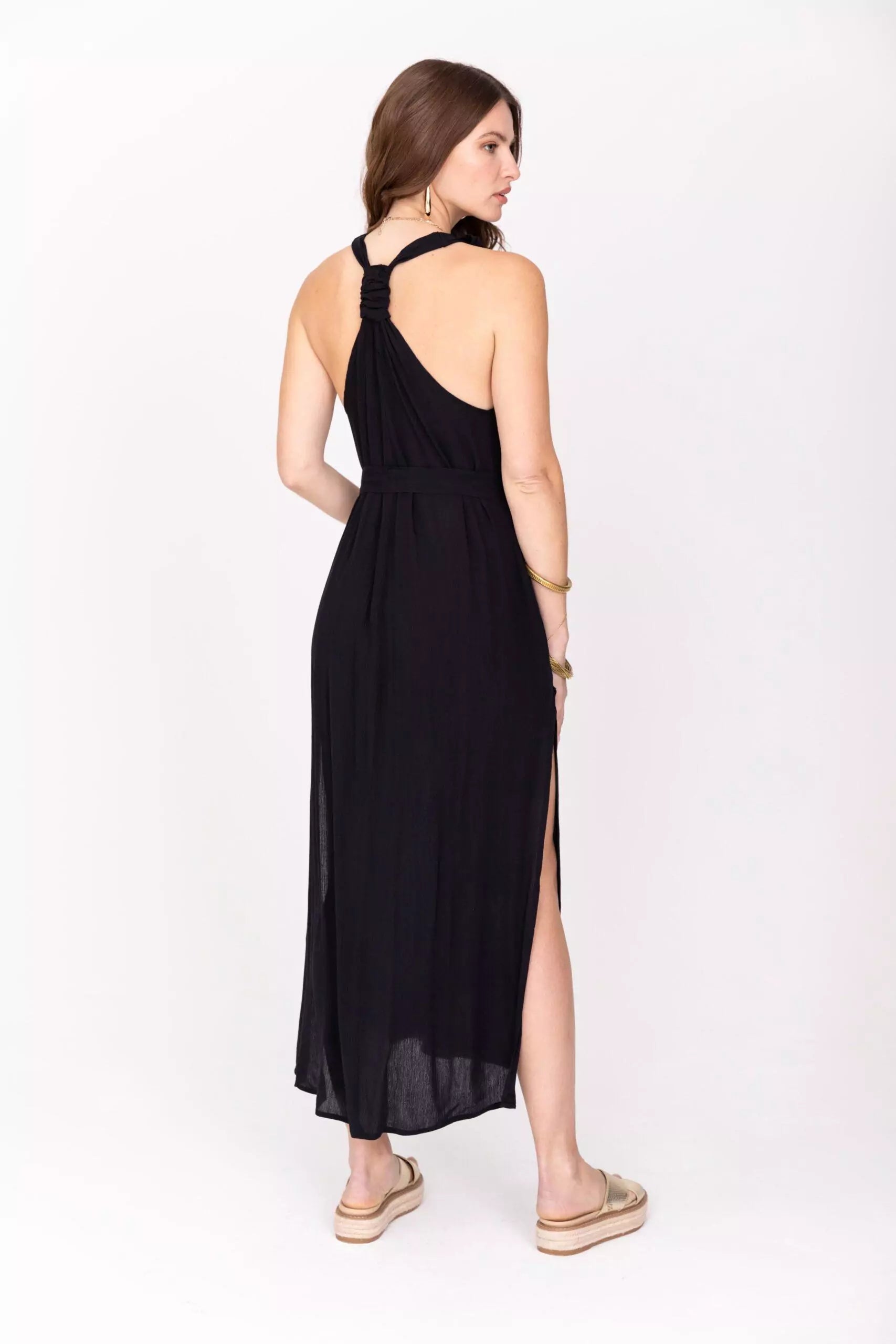 Racer Back Maxi Dress with Side Slits & Pockets in Navy Blue