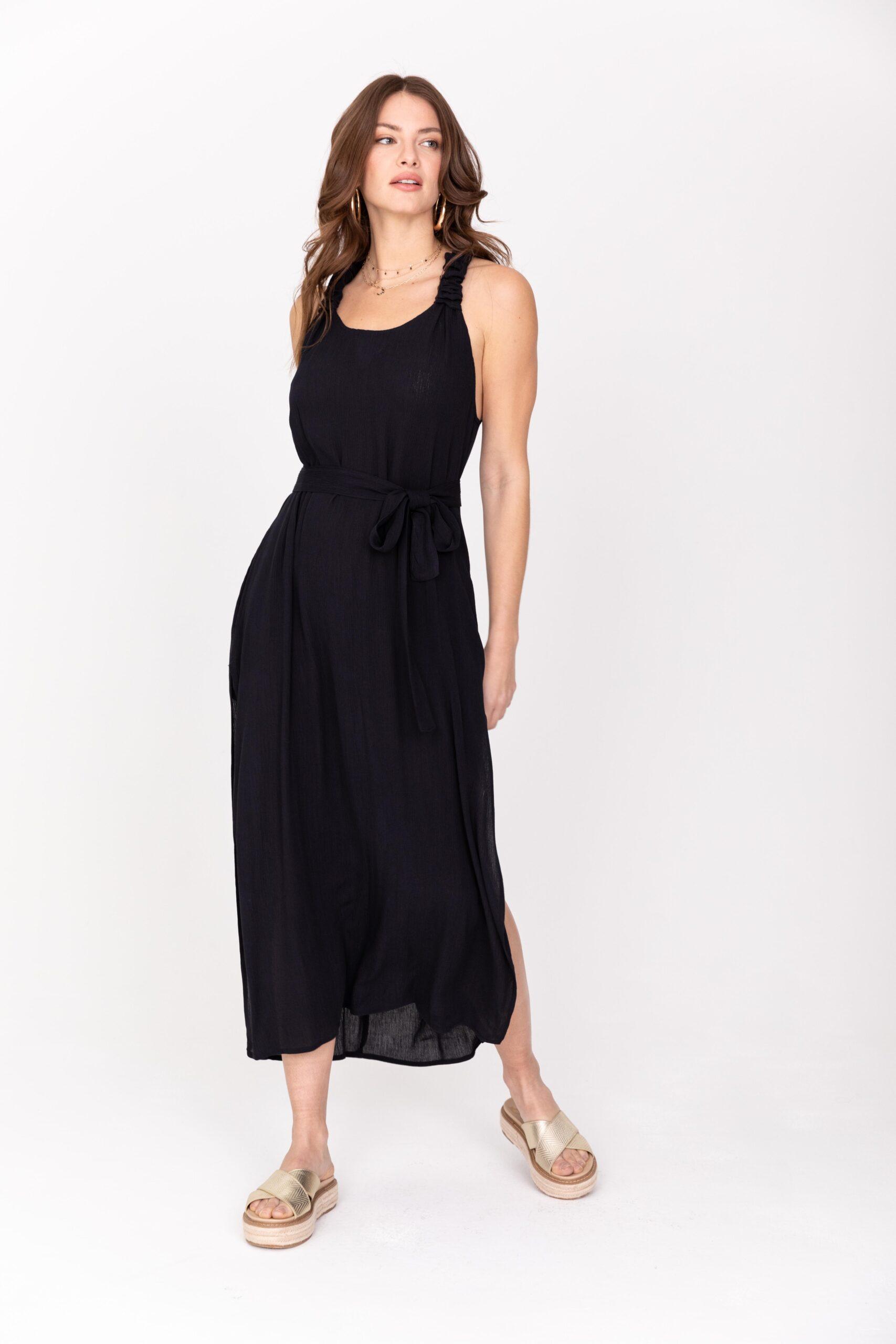 Racer Back Maxi Dress with Side Slits & Pockets in Navy Blue