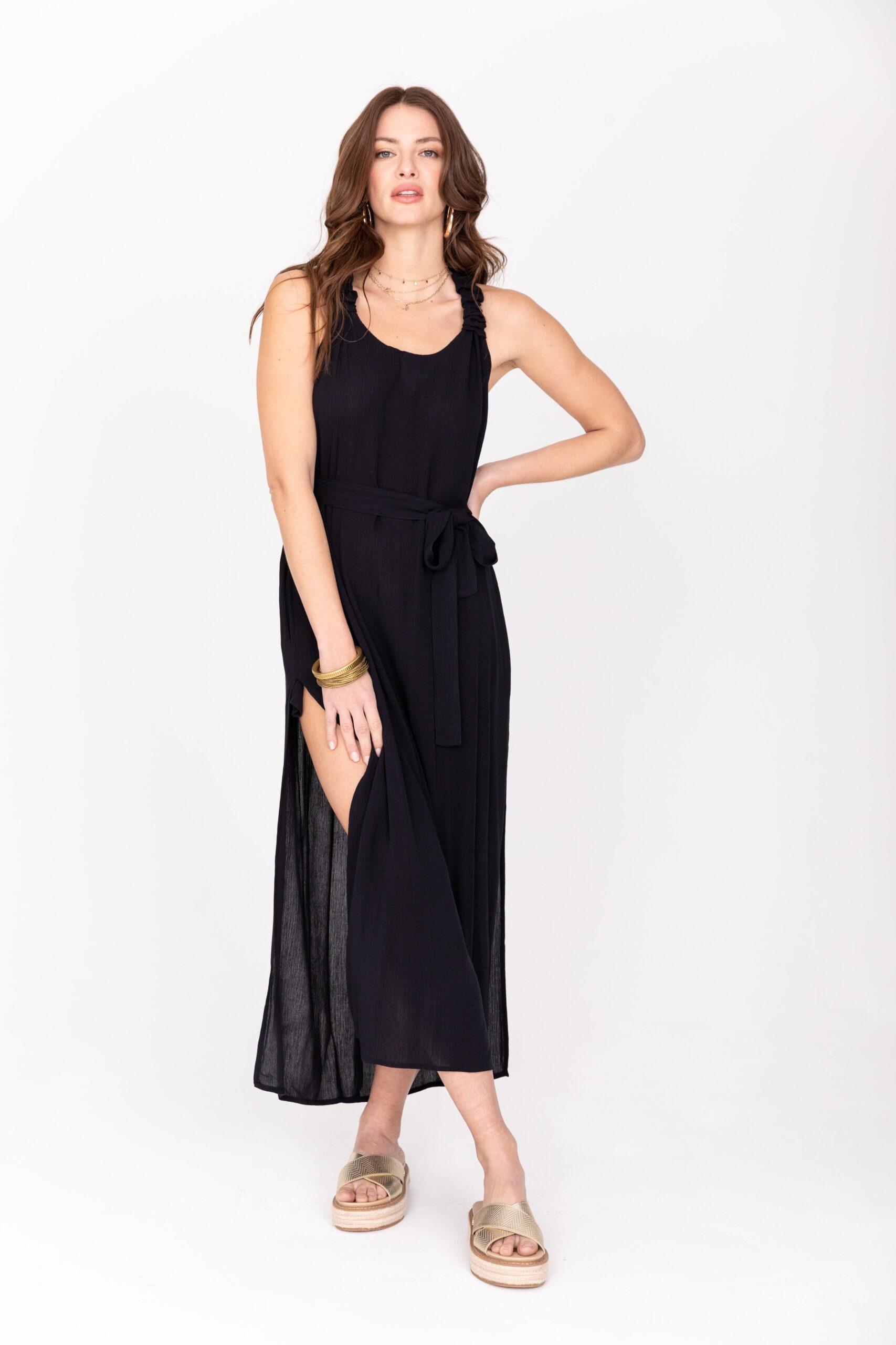 Racer Back Maxi Dress with Side Slits & Pockets in Navy Blue