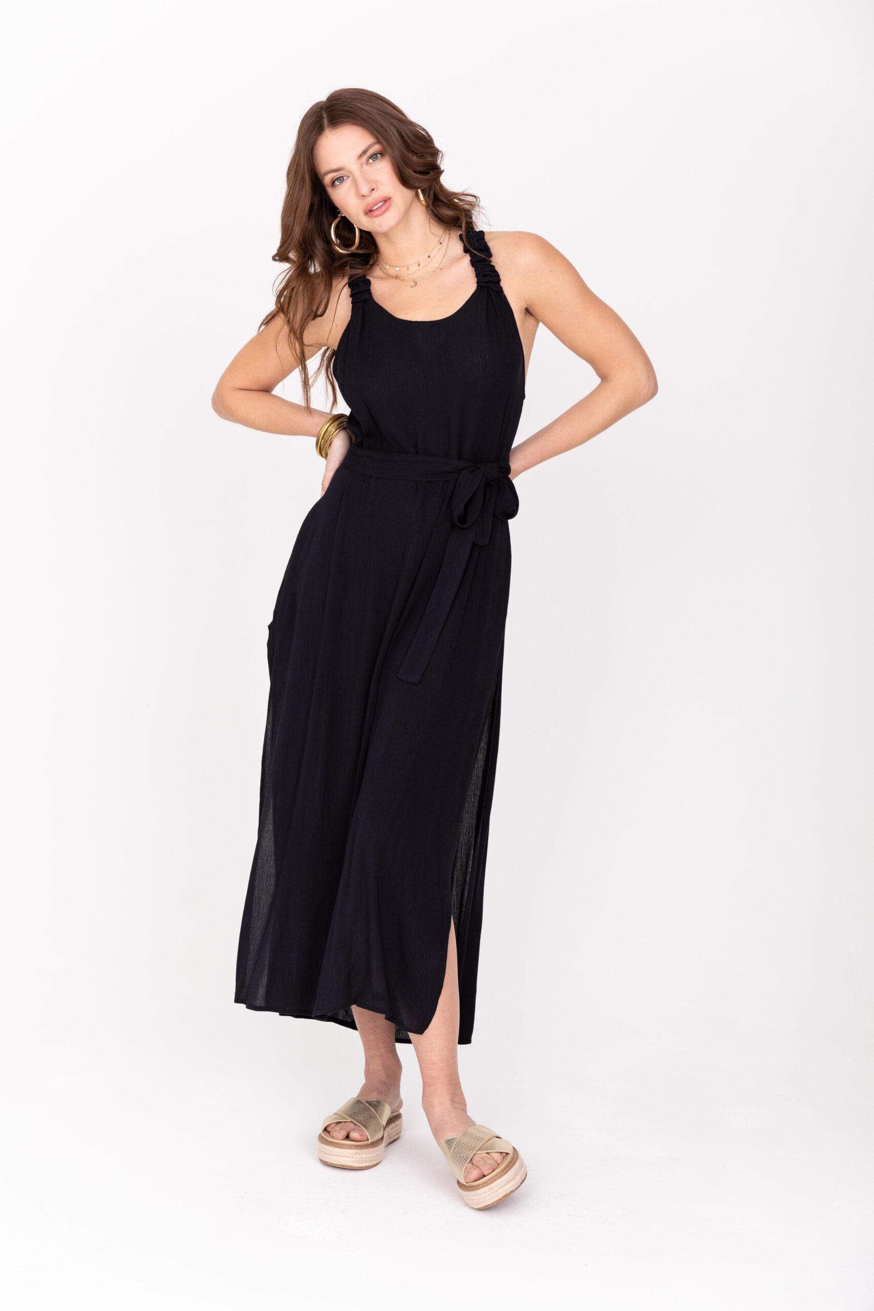 Racer Back Maxi Dress with Side Slits & Pockets in Navy Blue