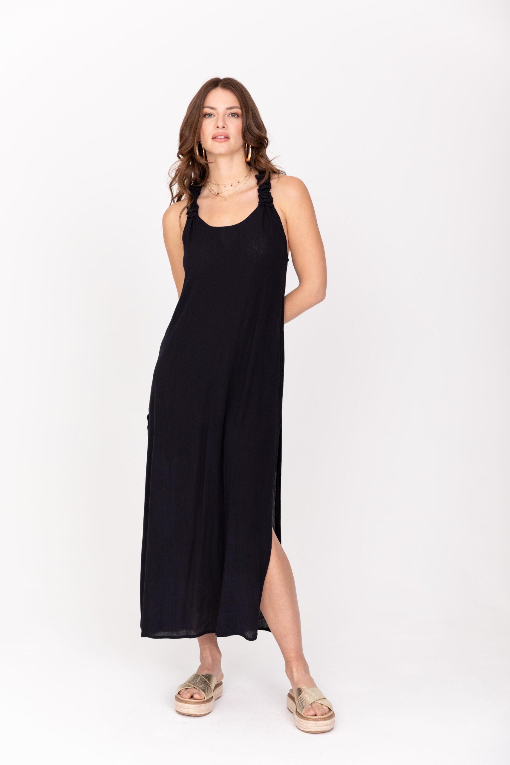 Racer Back Maxi Dress with Side Slits & Pockets in Navy Blue