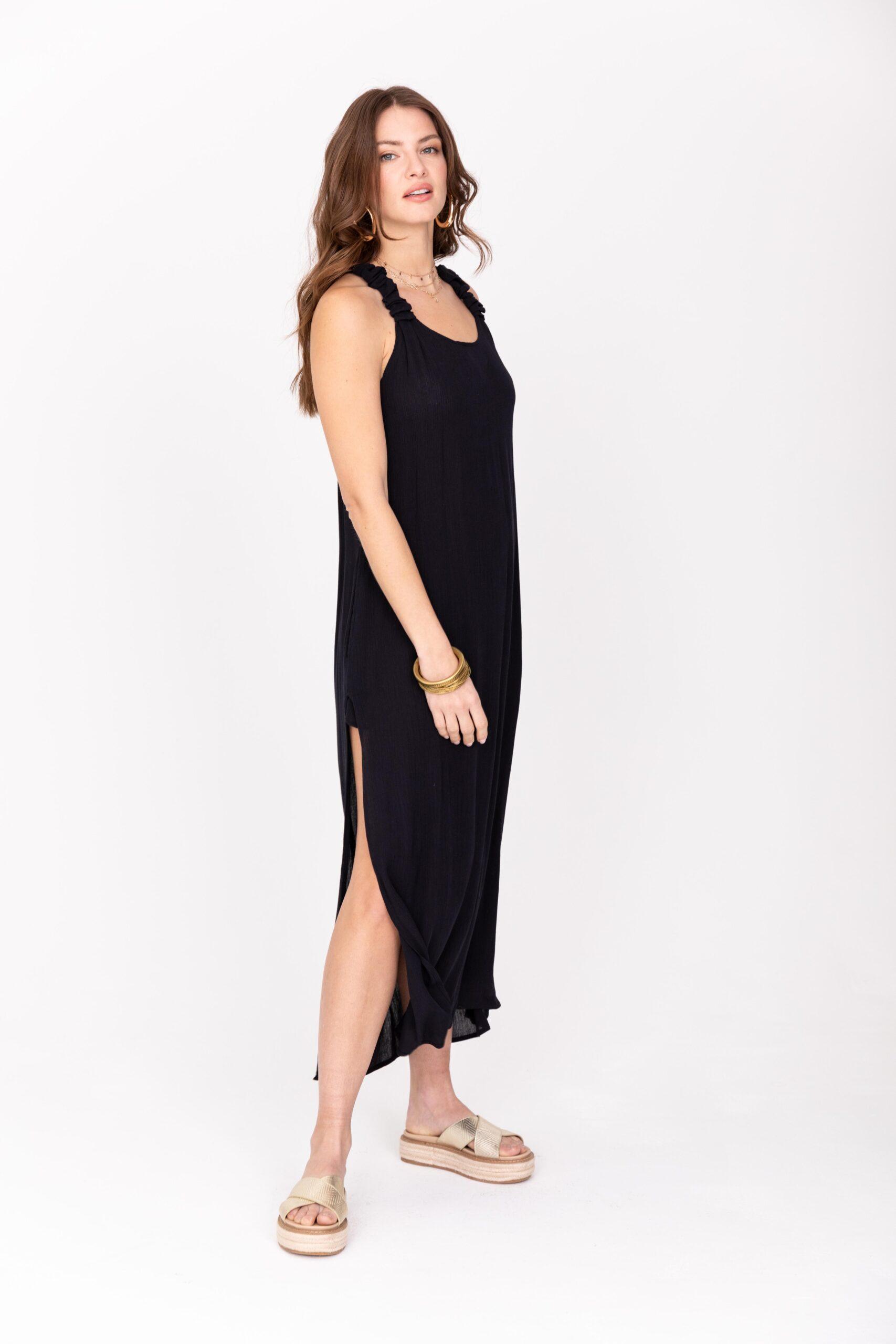 Racer Back Maxi Dress with Side Slits & Pockets in Navy Blue