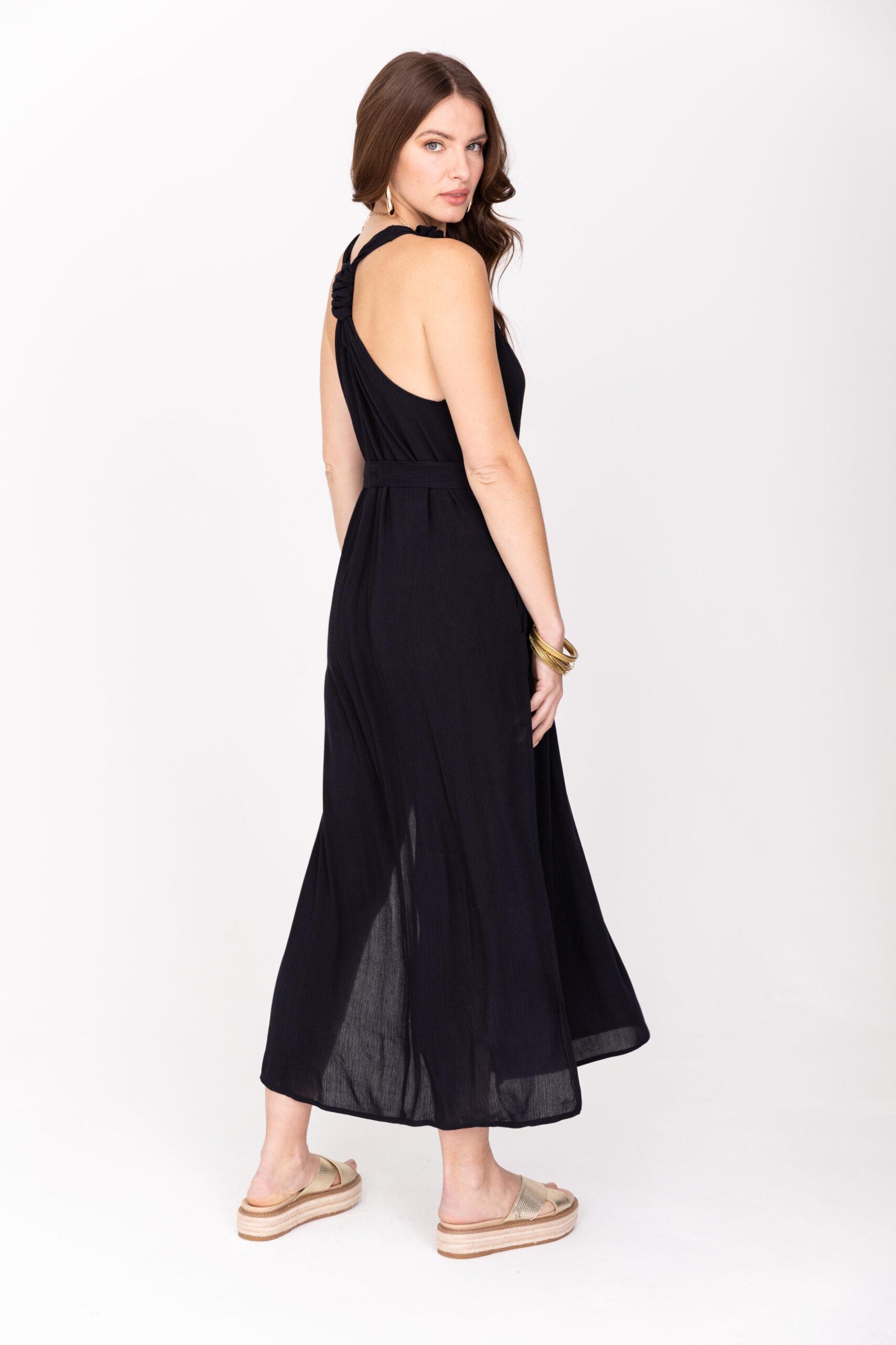 Racer Back Maxi Dress with Side Slits & Pockets in Navy Blue