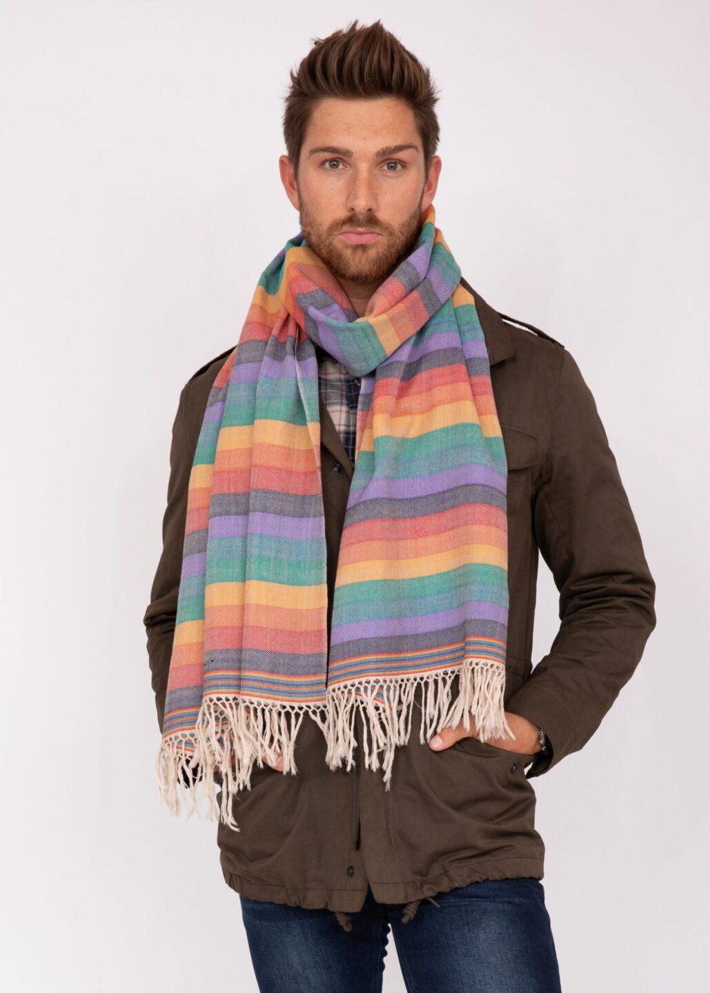 Rainbow Handwoven Merino Tassel Scarf Mens