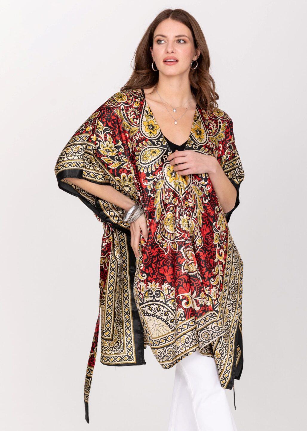 Satin Kimono Cover Up with Belt in Red Birds of Paradise Print