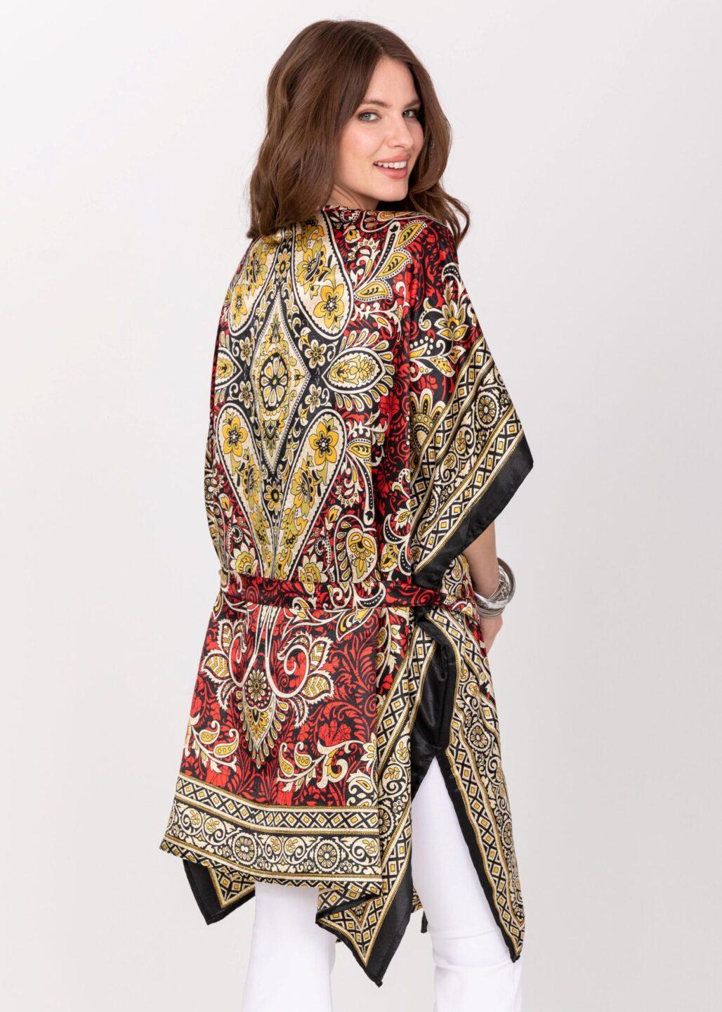 Satin Kimono Cover Up with Belt in Red Birds of Paradise Print