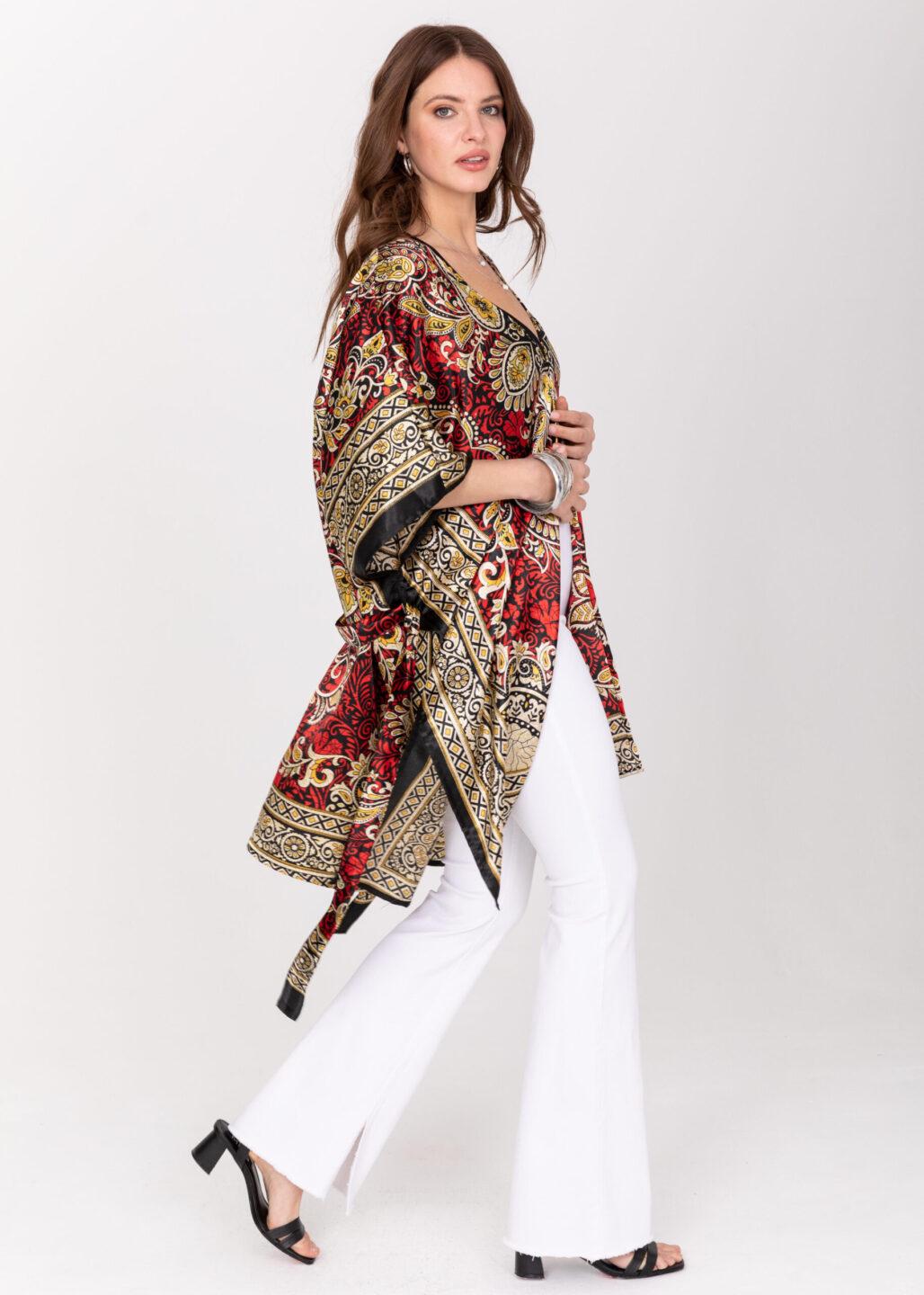 Satin Kimono Cover Up with Belt in Red & Gold Print