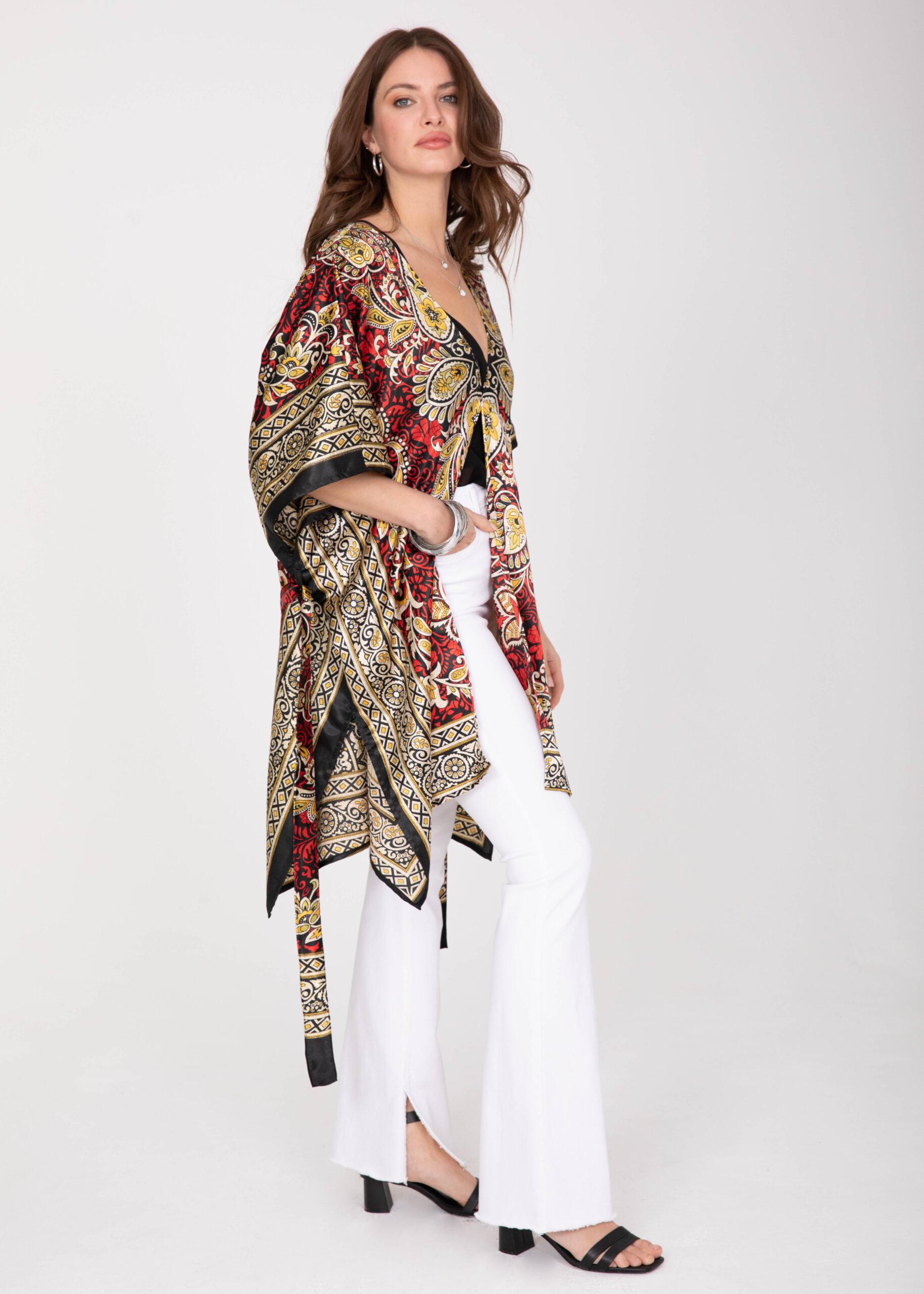 Satin Kimono Cover Up with Belt in Red & Gold Print